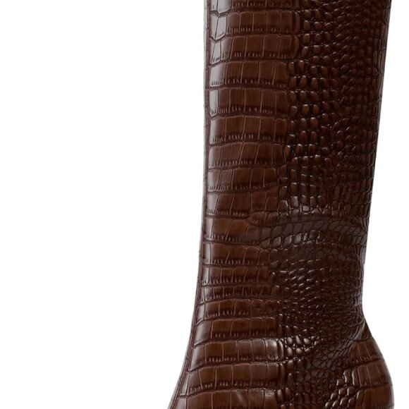 Women's Brown Croco Faux Leather Knee High Kitten Heel Boots - Picture 1 of 6